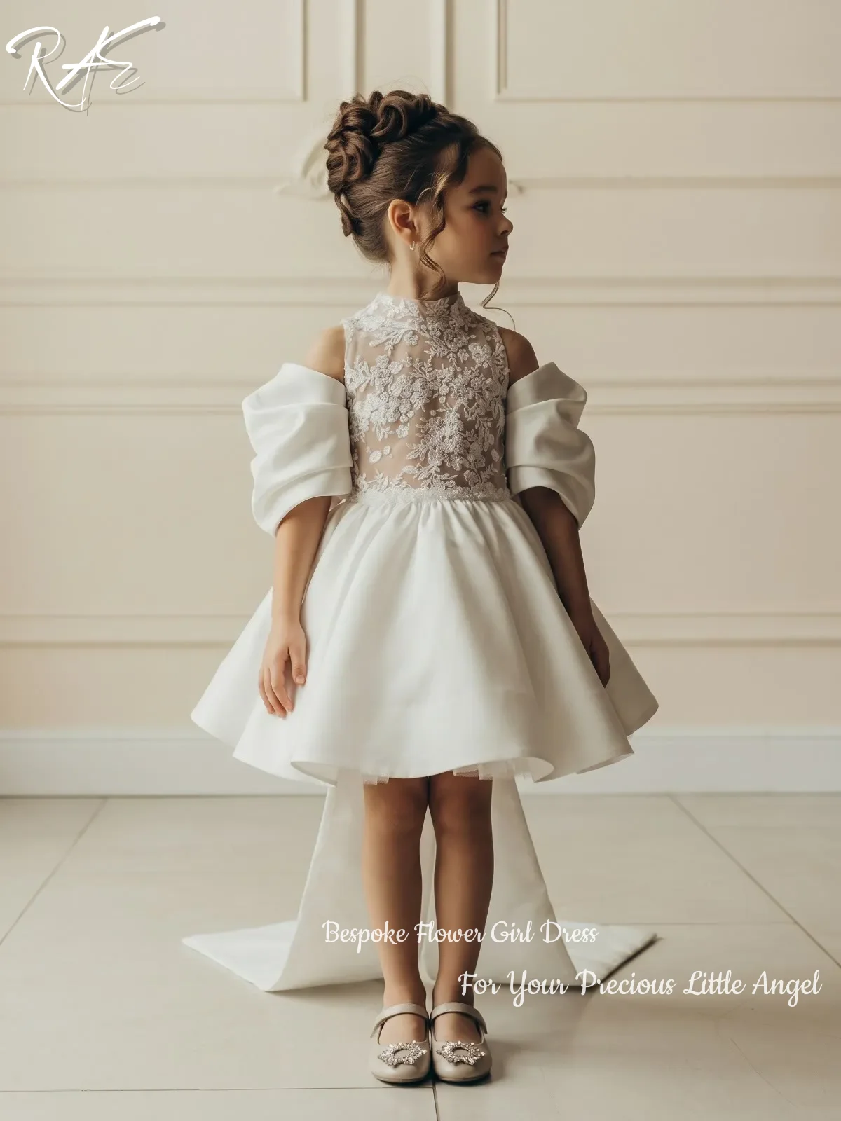 White Satin Flower Girl Dress High Neck Lace Bodice Detachable Off Shoulder  For First Communion Wedding Formal Gowns Customized