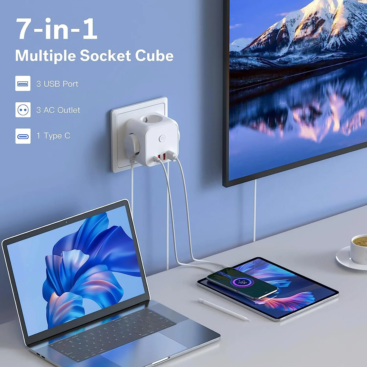 EU Wall Socket Extender with 3 AC Outlets 3 USB Ports And 1 Type C 7-in-1 EU Plug Charger On/Off Switch for Home
