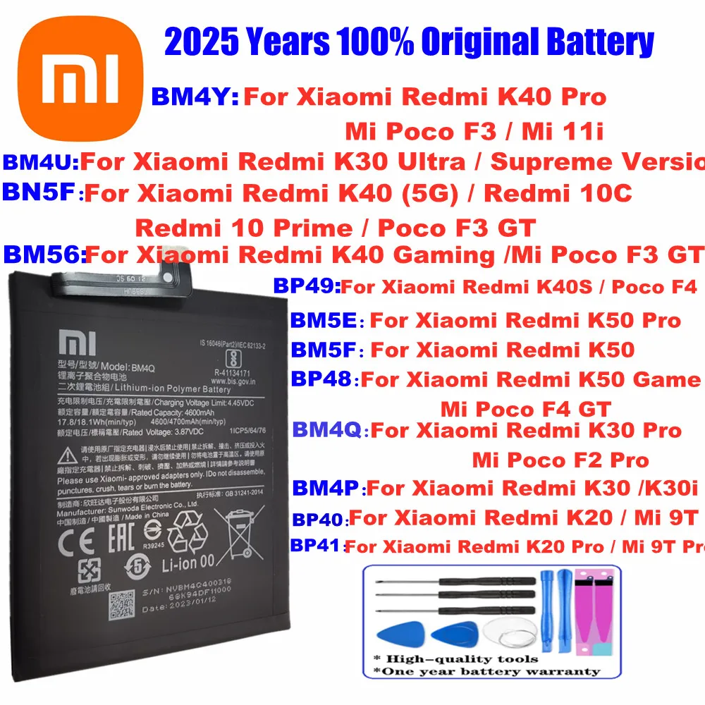 

Original Battery For Mi 11i 9T Pro Poco F2 F4 F3 GT Xiaomi Redmi K40 K20 K30 Pro K30i / K30 Ultra K40S K50 K50pro K40 Game 10C