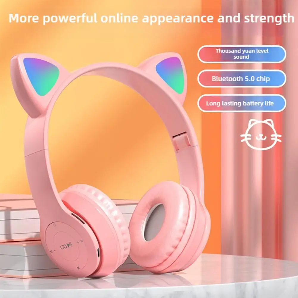 P47M Wireless Headphones RGB Cute Cat Ear Bluetooth Earphones With Microphone Stereo Music Game Earphone Girls Kids Gifts