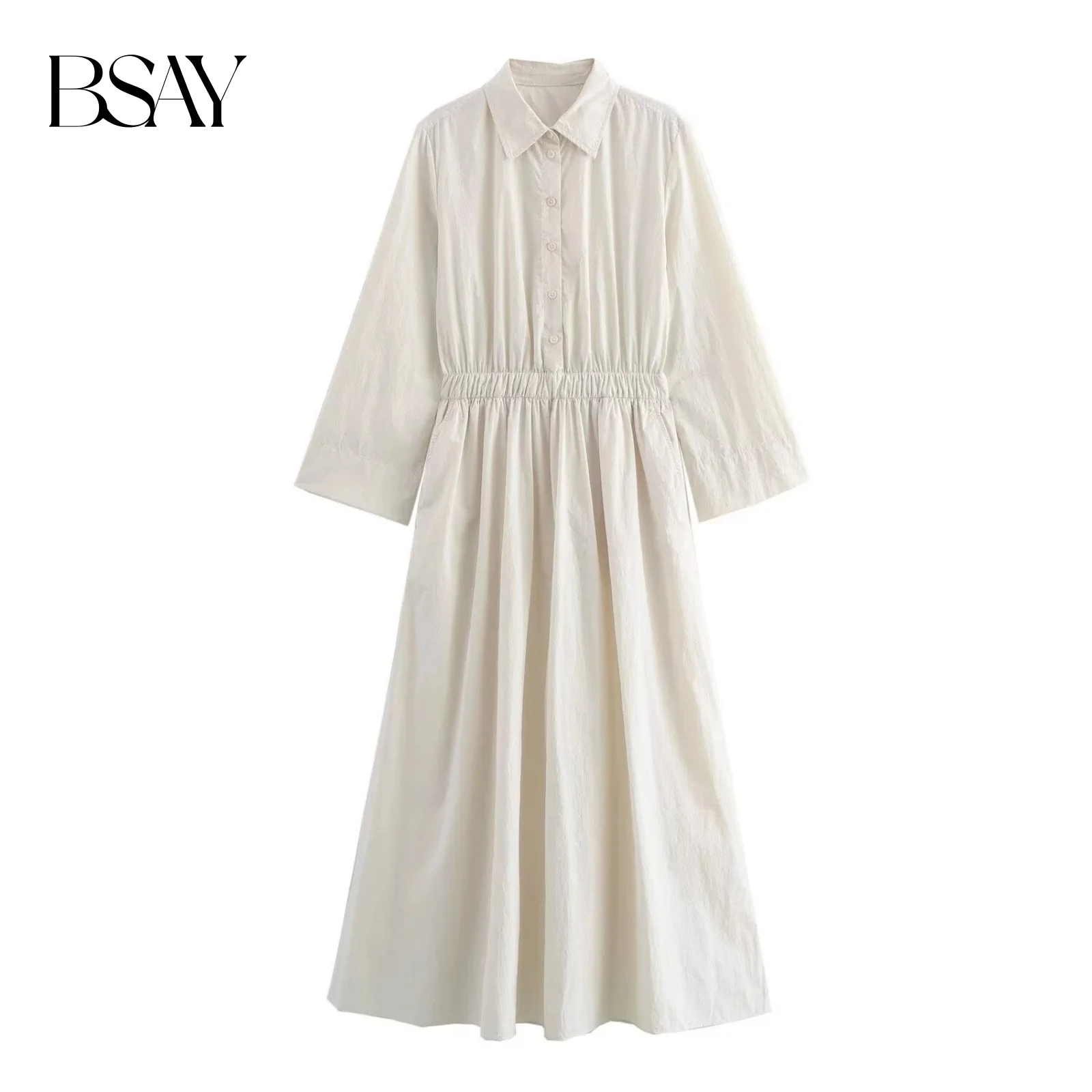 BSAY Damesmode Nieuwe Plooien Lange Mouwen Single Breasted Revers Vintage Shirt Stijl Jurk Frankrijk Chic Vrouwelijke Avond Mujer