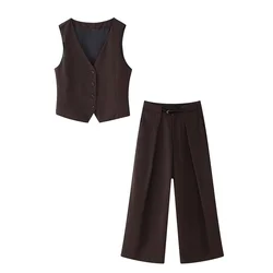 PB&ZA Early Autumn New 2024 Women's Fashion Solid Color V-neck Single-breasted Side Slit Vest Straight Trousers Set