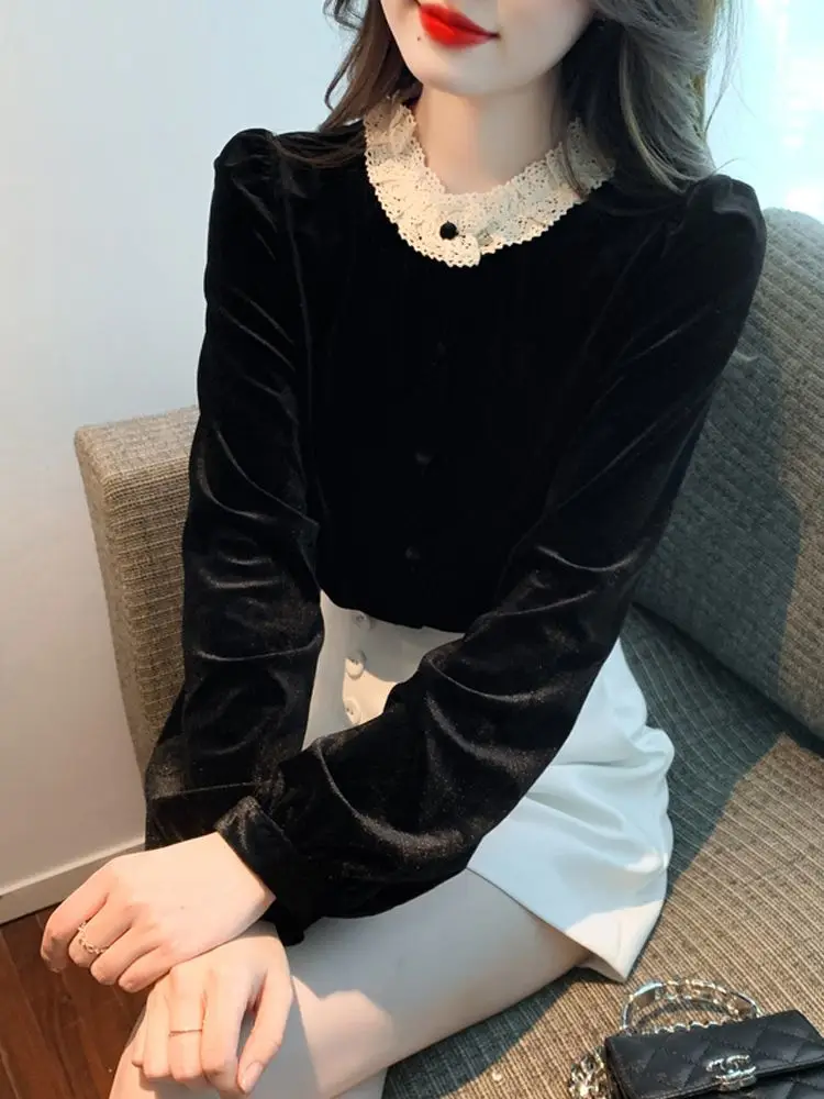 

Round Necked Velvet Shirt For Women In Autumn And Winter 2023, New Design Sense, Long Sleeved Shirt, Fashionable Top