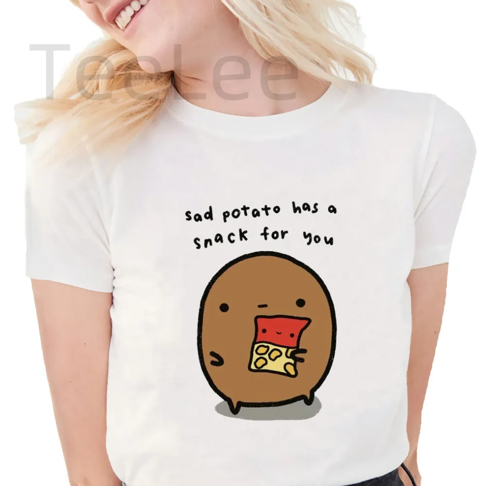 Cartoon Sad Potato Printed Women T-Shirt Tops Graphic Tees short sleeve Fashion Female White T Shirt Casual Women T-shirts