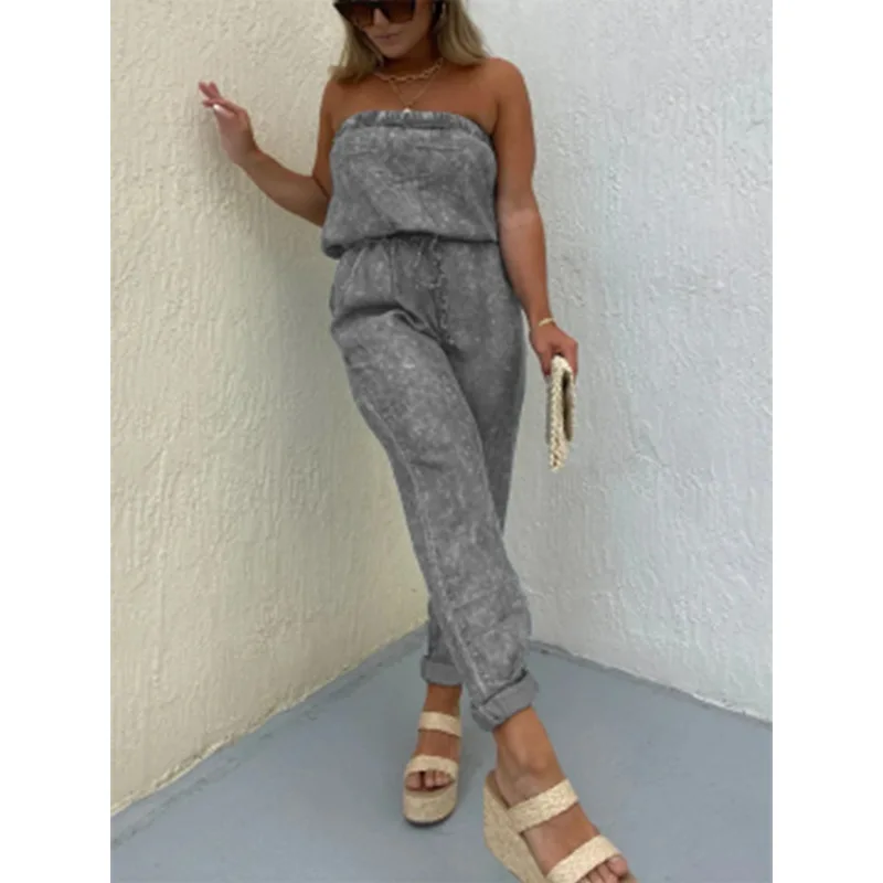 Strapless Jumpsuits for Women Spring Summer Vintage Denim Overalls Jumpsuits Women Loose Ladies Straight Leg Overalls for Women