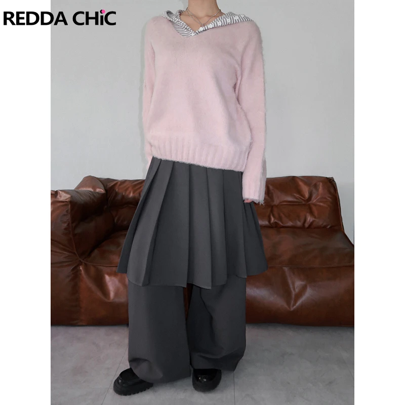 

ReddaChic Korean Layered Dress Pants Cleanfit Pleated Skirt Low Rise Loose Straight Wide Leg Suit Trousers Casual Women Clothes