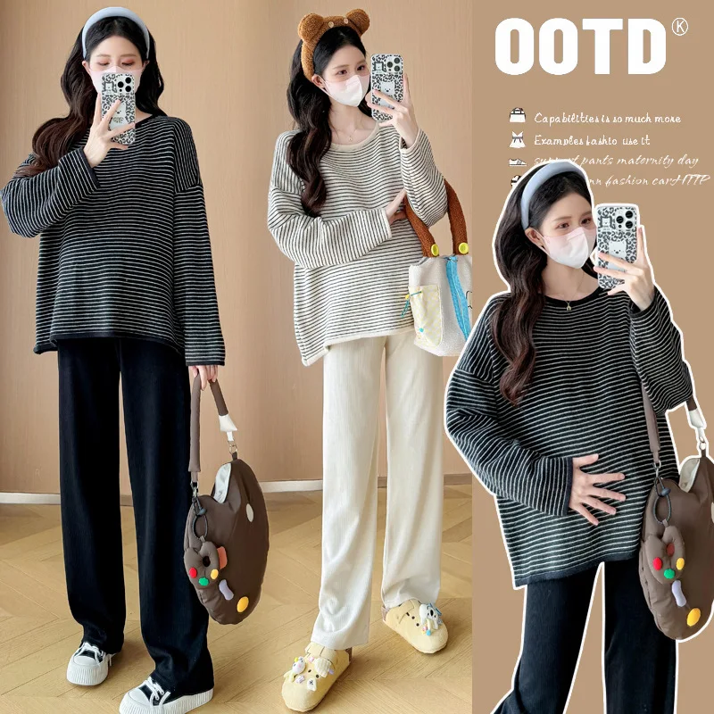 Maternity Sweater Autumn Winter New Arrival Lazy Style Casual Loose Slimming Versatile Crew Neck Striped Sweater For Pregnant