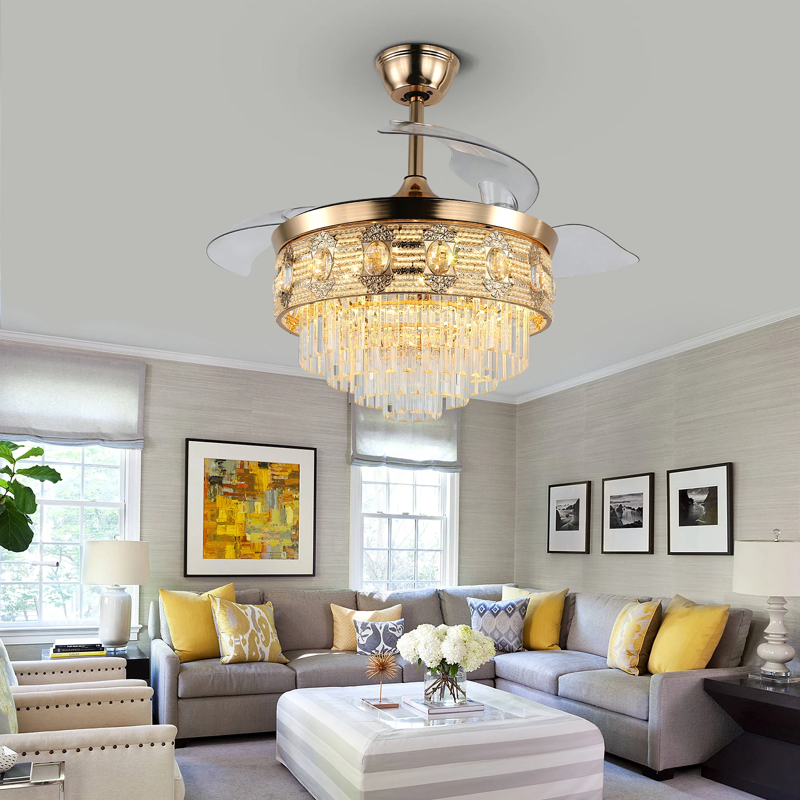 Modern Smart Ceiling Fan Chandelier Gold RC Adjustable 6 Speed Pendant Light Luminaire Bedroom 3 Heads Led Fandelier Lamp Indoor