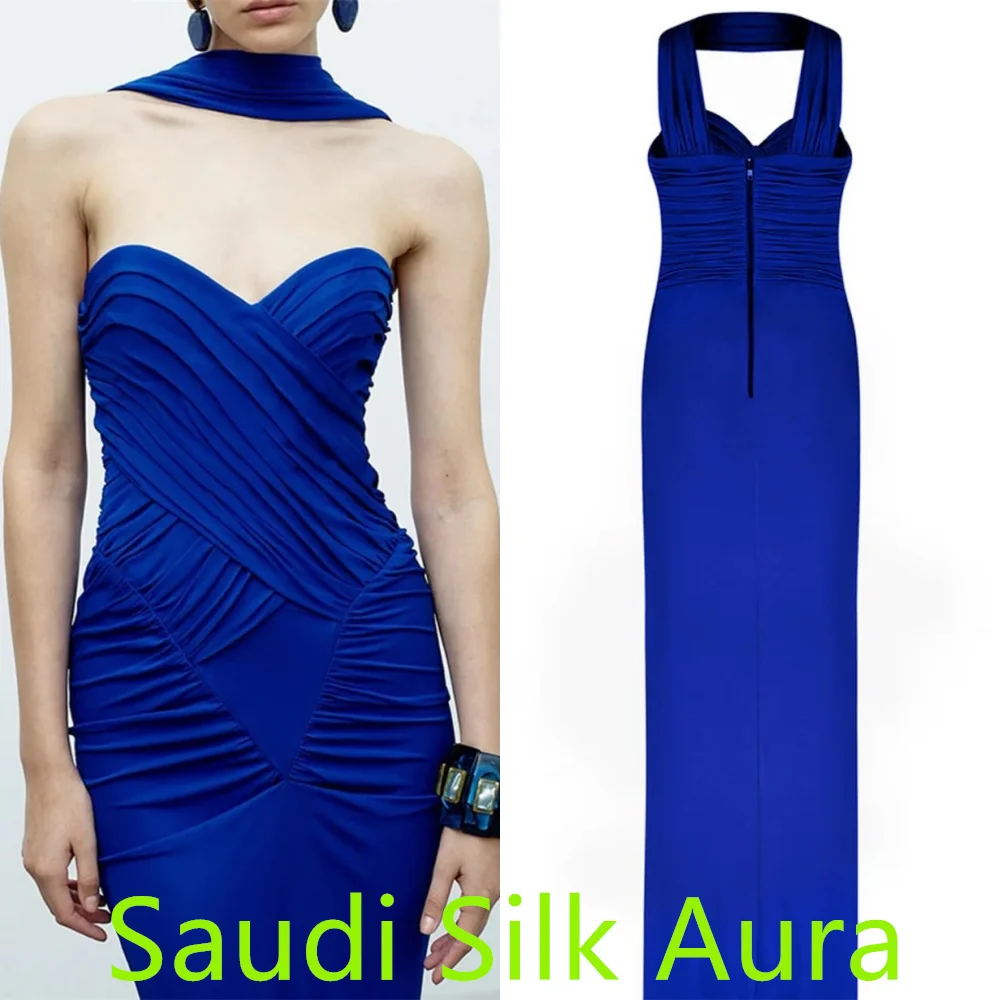 Customized Fashion  Blue Jersey Homecoming Dress Exquisite Strapless Ruched Mermaid Zipper Back Customized  Vestido De Festa