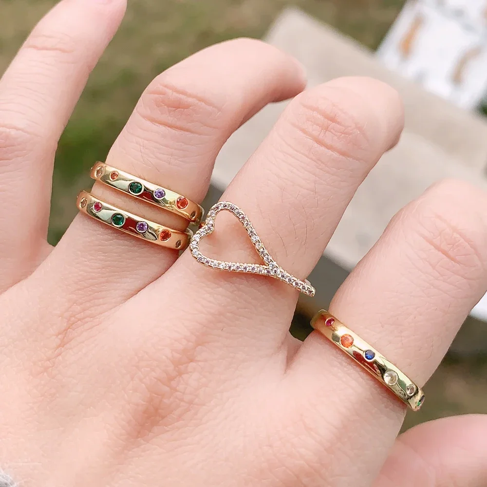 BIG Discount gold color pave rainbow colorful cubic zirconia engagement band rings for women classic trendy female jewelry