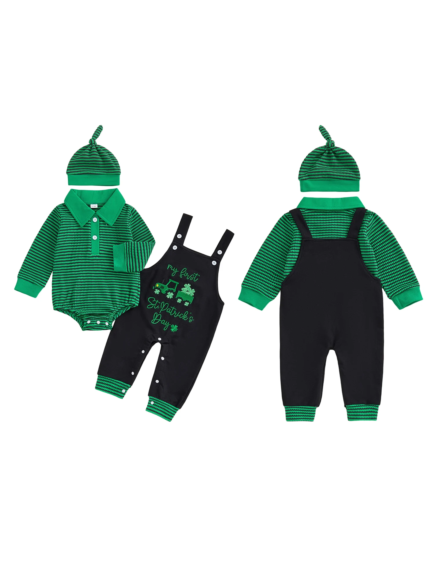 

Stylish Baby Boys St Patrick s Day Costume Long Sleeve Lapel Striped Romper Clover Embroidery Suspender Pants Hat Sets for