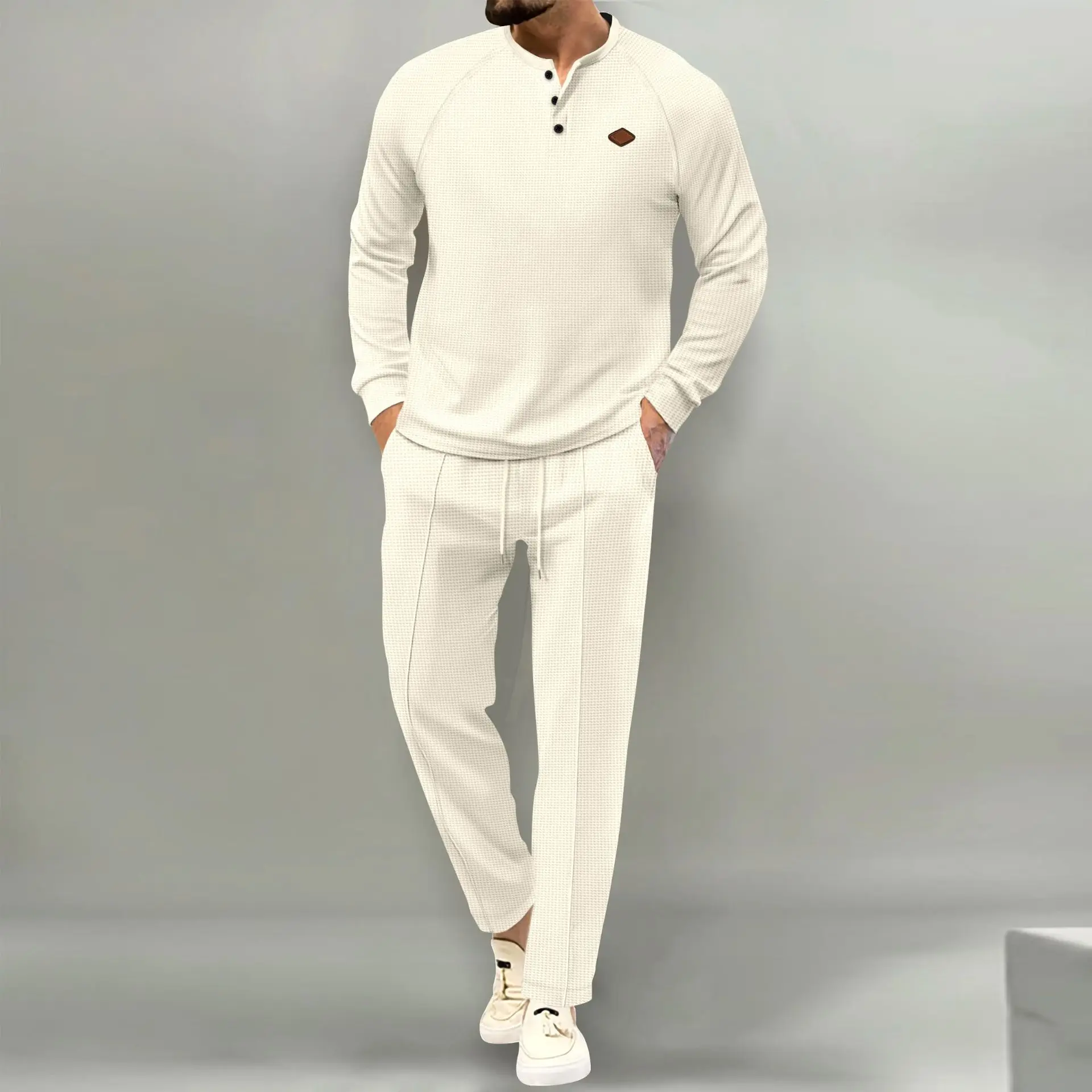 

Men's solid-color suit, Waffger Henry shirt, long-sleeved and long pants suit