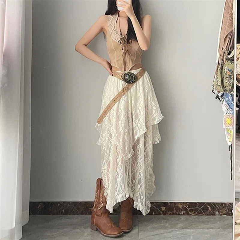 

Bohemian ethnic storm wave hem high waisted lace skirt layered for vacation style