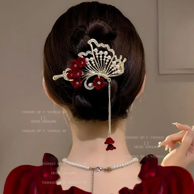 المرأة النبيذ الأحمر دبابيس الشعر مقاطع الشعر الإناث موضة جديدة أغطية الرأس زهرة الورد اللؤلؤ شرابات غطاء الرأس 2025 أغطية الرأس الجديدة