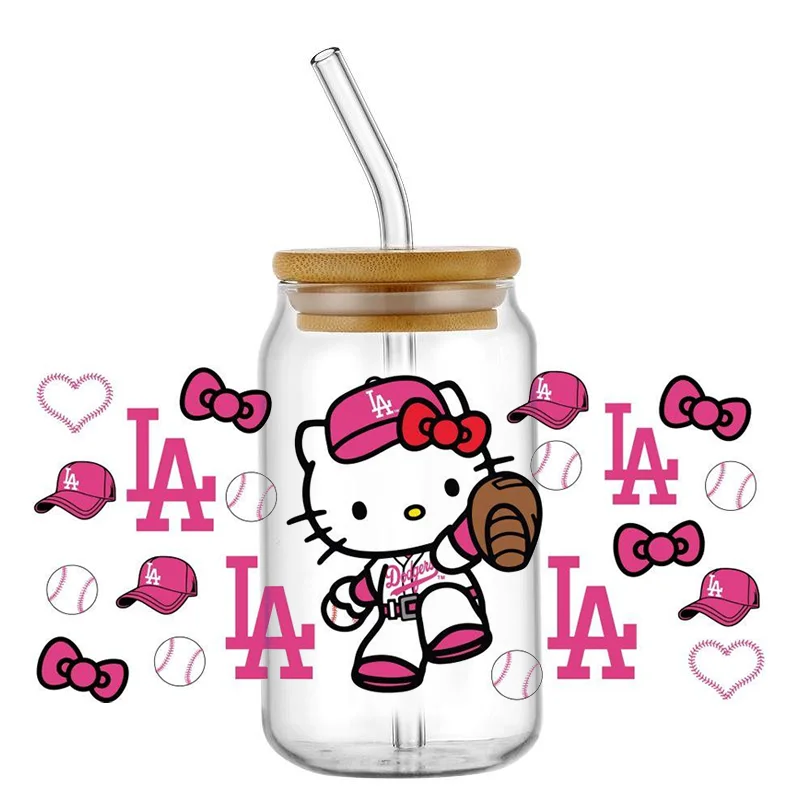 Mininstants-Autocollant Hello Kitty Baseball First, UV DTF Cup Roundfor 16oz, Lunettes étiez bey, Lavable, DIY Mug Cartoon, Transfert Sticker