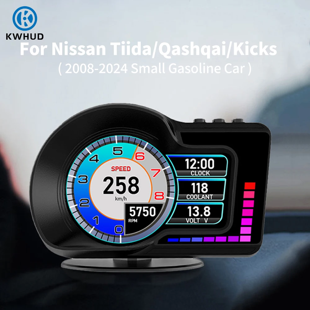 KWHUD HUD OBD2 Display Car Multi Gauges for Nissan Qashqai/Tiida/Juke 2008-2024 Gasoline Cars Digital Speedometer/Volt/RPM Meter