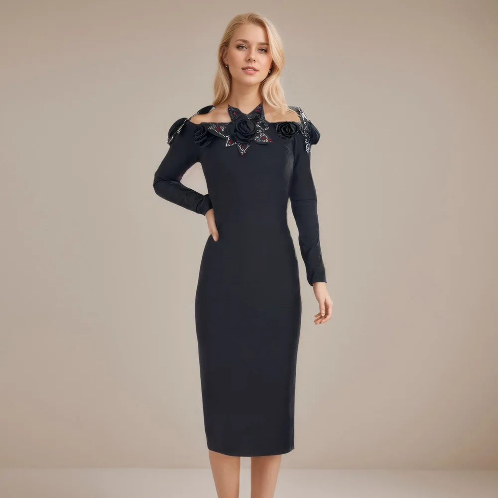 

Sexy Midi Long Sleeve Off Shoulder Black Flower Applique Prom Bodycon Bandage Dress Runway Cocktail Celebrity Evening Club Dress