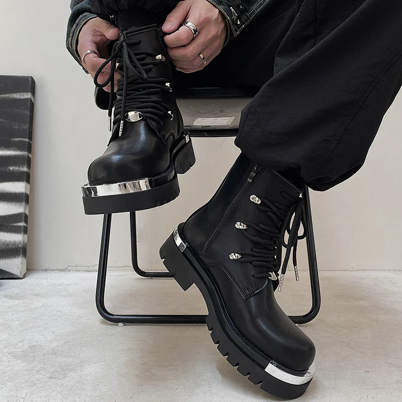 New Original Style Men\'s Platform Boots Fashion Height Increasing Leather Boots Men Designer Derby Shoes Street Men Chunky Boots