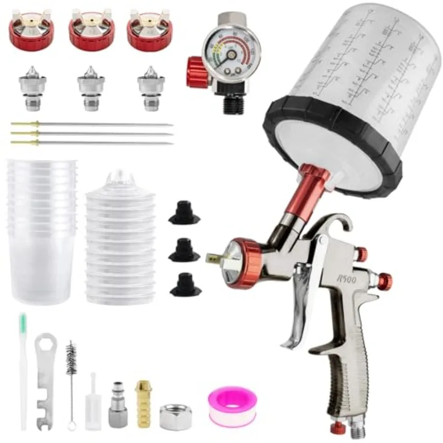 

R500 Spray Gun LVLP with 650ml Mixing Cupand10 Disposable Cups 1.3/1.7/2.0mm Nozzles Spray Paint Gun LVLP Automotive Paint Gun