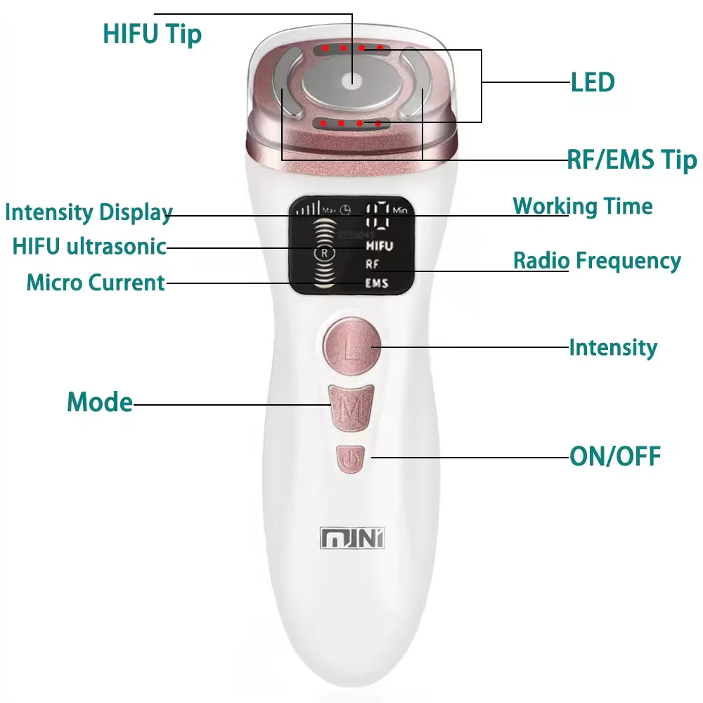 Hifu Radiofrequentie Ultrasone Machine Ems Micro Stroom Gezichtsreinigingsinstrument Versteviging Huidverzorging Anti-Rimpel Tool