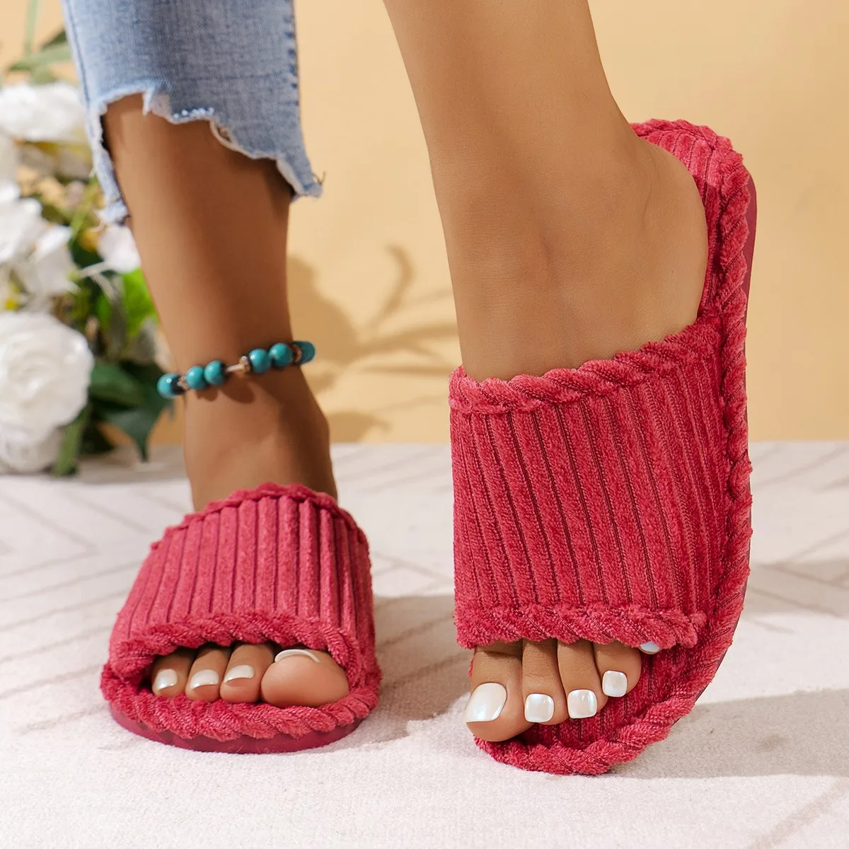 Women's Slippers 2024 New Stylish Simple One Word Slippers for Indoor Home with Striped Open Toe Cotton Slippers Slides Women