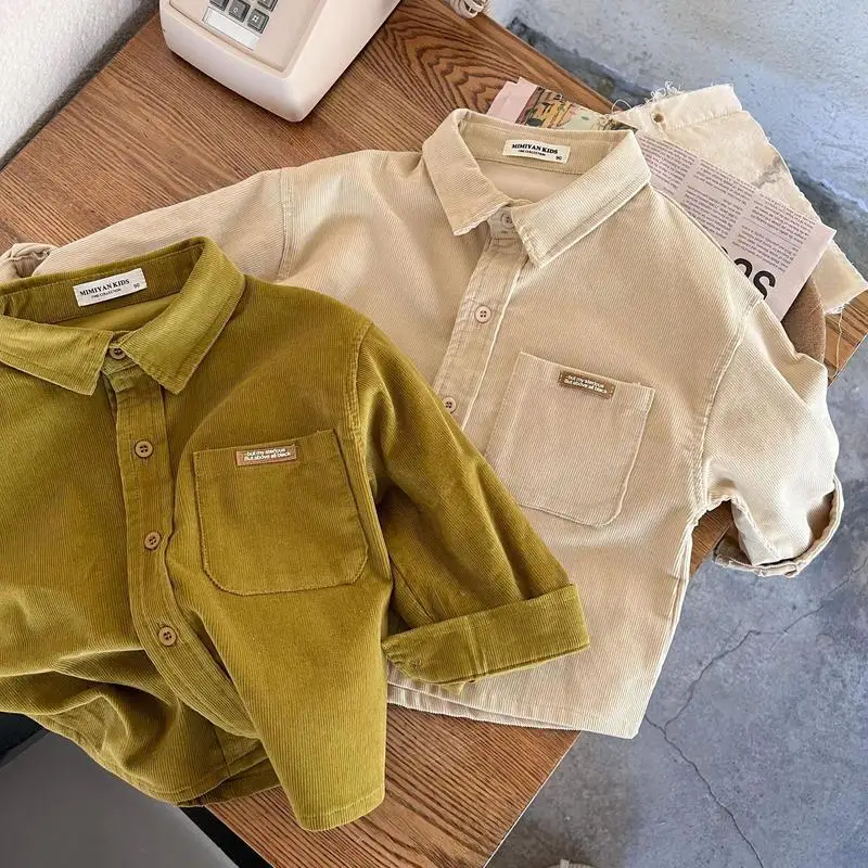 

Korean Children's Shirt 2024 Spring and Autumn New Solid Color Corduroy Shirt for Boys and Girls Baby Pocket Coat Shirt