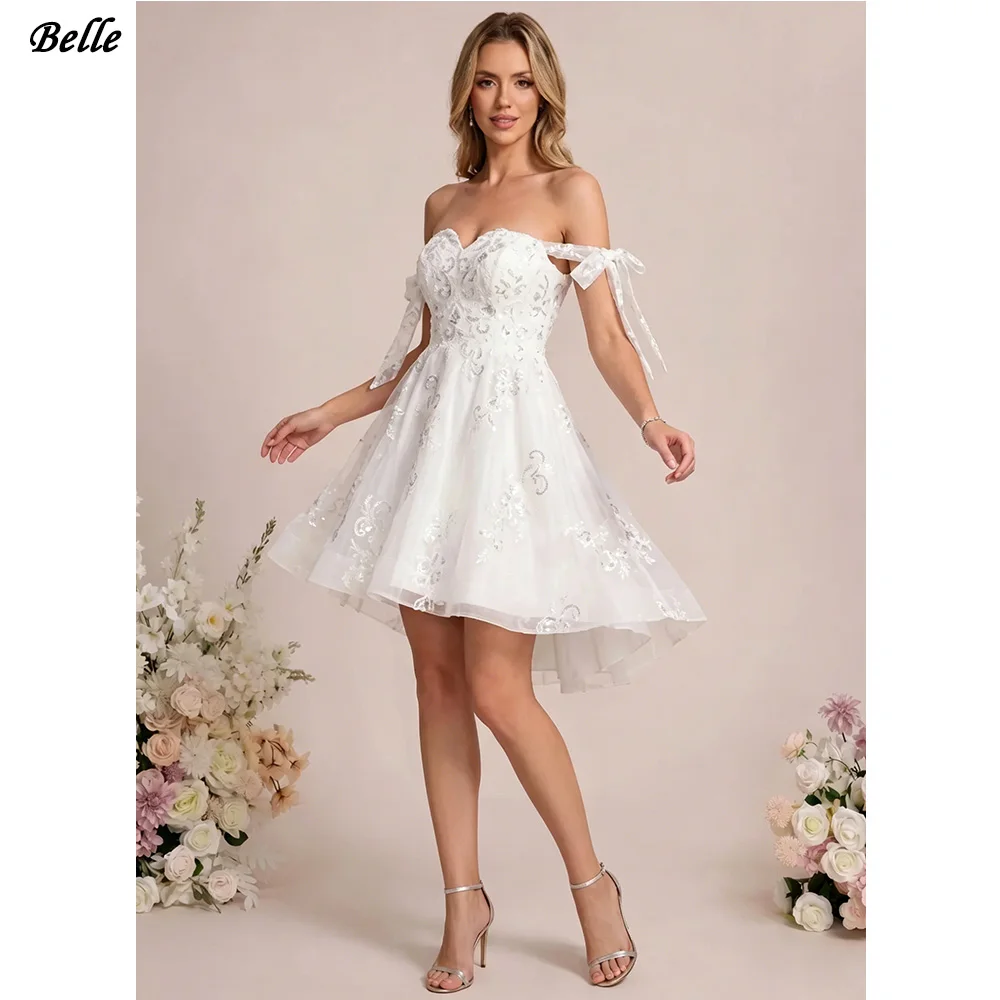 Customized Wedding Dresses Off Shoulder Sweetheart Lace Mini Dress Bridal Growns Bow Sleeve Sequin Applique Vestidos De Novia