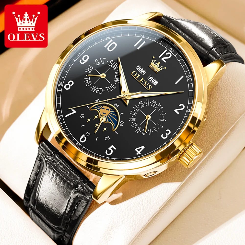 OLEVS Original Automatic Watch for Men Leather Strap Classic Fashion Stainless steel Waterproof Luminous Moon Phase Wristwatch