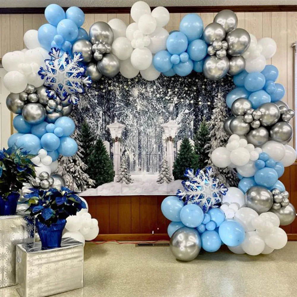 

125Pcs Metallic Silver Light Blue White Balloons Garland Arch Kit with Snowflake Foil Balloons for Birthday Wedding Party Decor