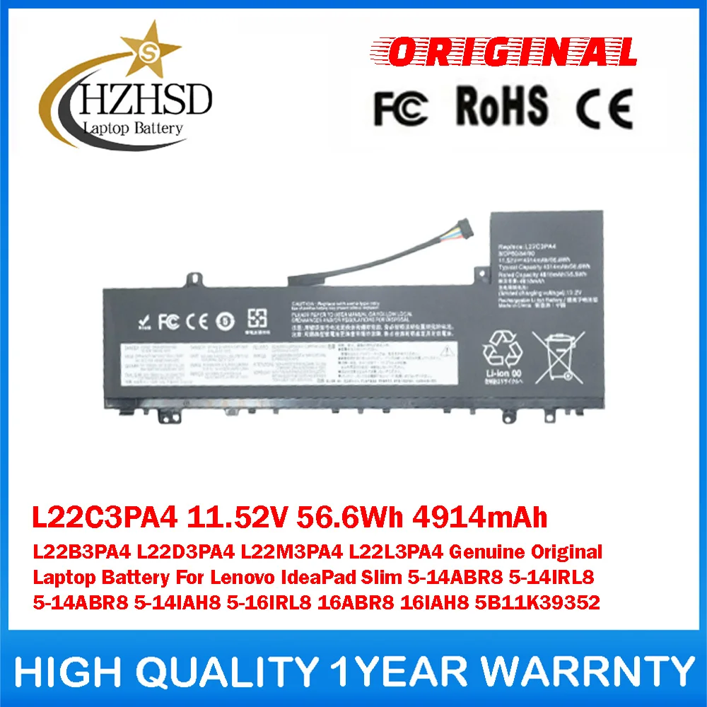 

L22C3PA4 11.52V 56.6Wh 4914mAh L22B3PA4/D3PA4/M3PA4/L3PA4 Genuine Original Laptop Battery For Lenovo IdeaPad Slim 5-14ABR8/IRL8