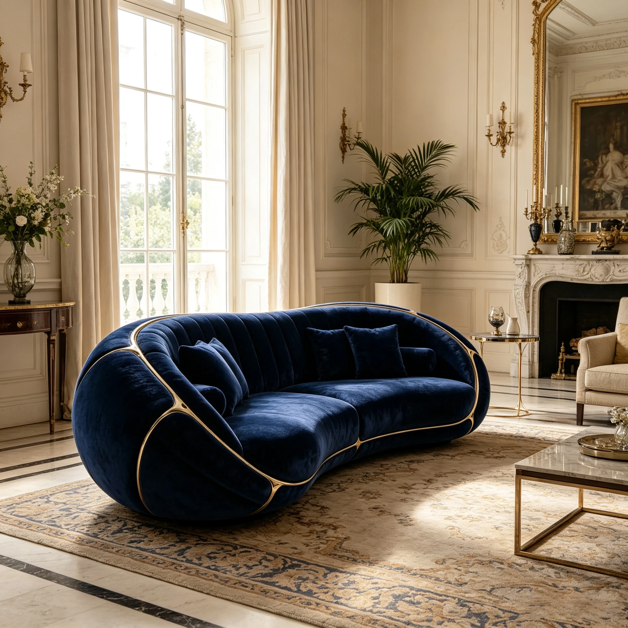 Z*-Thin Golden Fiberglass Outline Home Sofa Curved Deep Blue Velvet Channel Cushion With Decor Pillows^