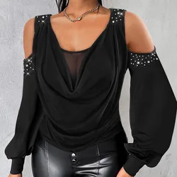 Top Women 2024 Spring Fashion Rhinestone Cold Shoulder Sheer Mesh Patch Tops Casual Versatile Blouses Tee Female Pullover