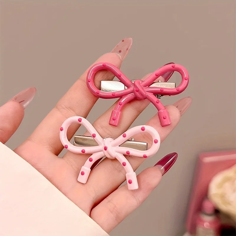 

Women's Duckbill Hair Clip with Polka Dot Bow - Pink Bow Duckbill Side Bangs Clip, Adorable Hairpin