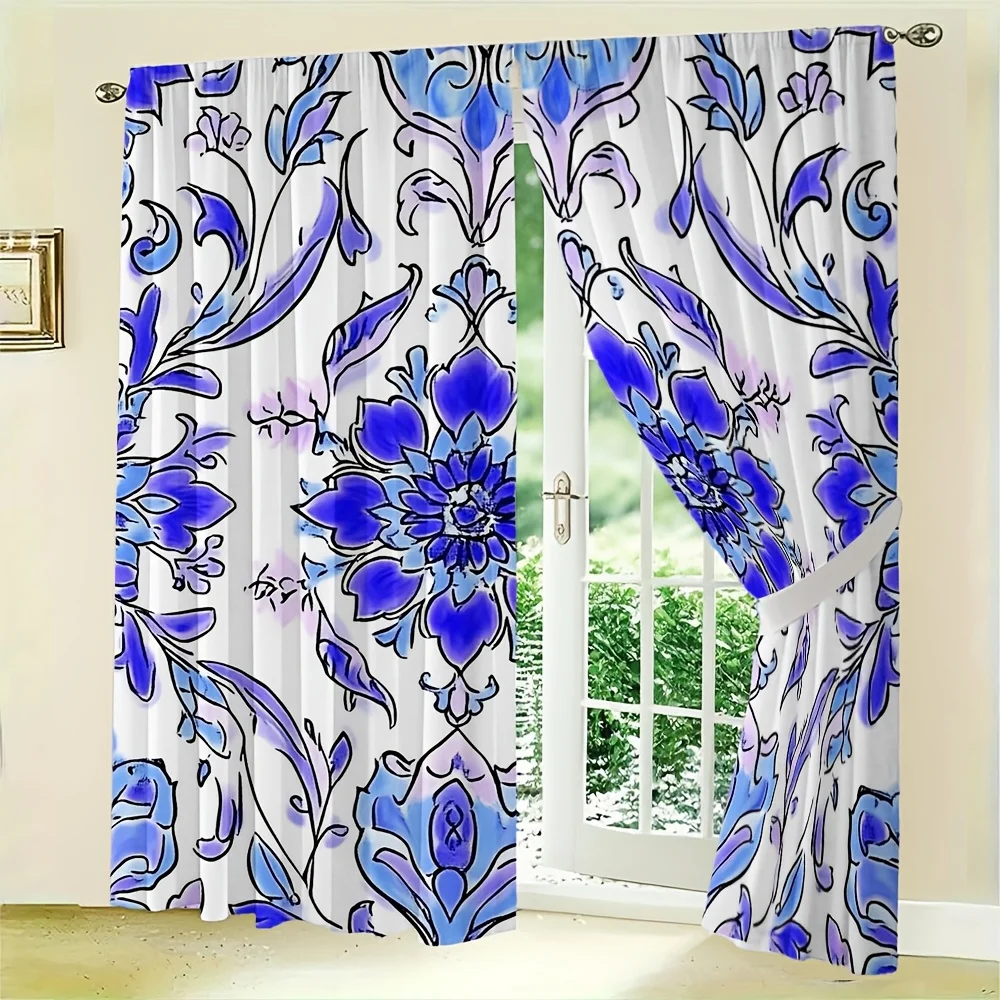 2pcs Iznik Floral Curtains No Rod  Hand-Painted Blue & Purple Motifs on White, Light-Filtering Art Decor for Year-Round Elegance