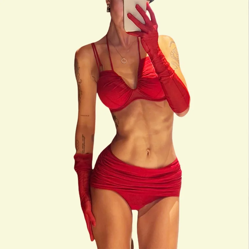 Tornova Erotic Lingerie Fashionable and Simple Halterneck Three-point Low-cut Slim Sexy Hollow Lingerie Split Set with Stockings