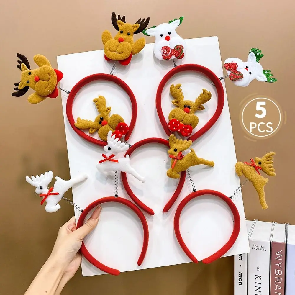 5PCS Elk Antler 2025 Headband Santa's Hat Snowman Christmas Hair Hoop Headwear Headdress Photographic New Year Hairband