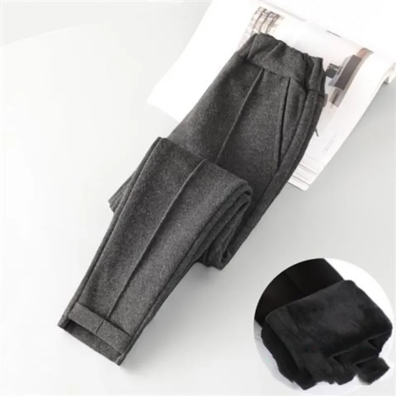 Thick Woolen Women's Straight Autumn and Winter New High Waisted Drawstring Solid Color Pockets Asymmetric Casual Harlan Pants