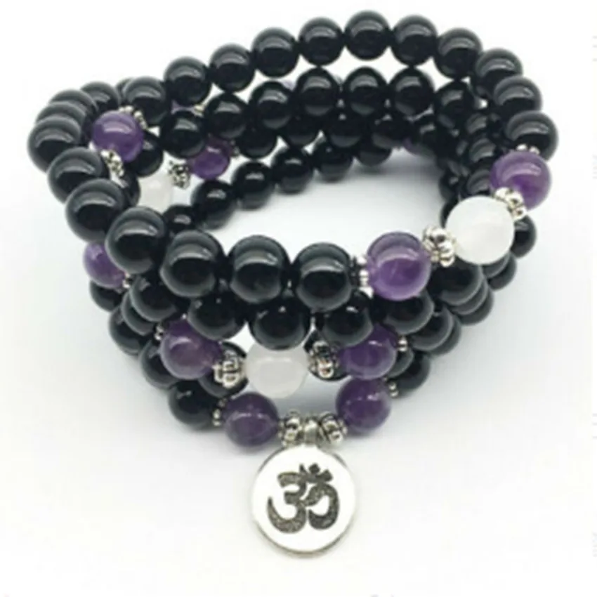 

6mm Amethyst Obsidian Bracelet 108 Beads Buddha Pendant Chain Adjustable Semi-Precious Stones Women Eco-Friendly Everyday Wrap