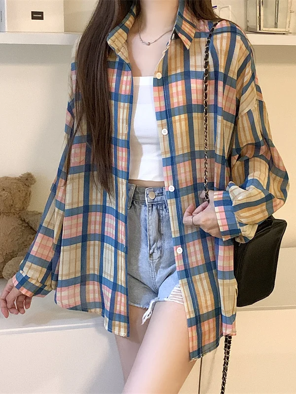 Summer Women's Plaid irt Loose Lazy Sle Air Conditioned Thin Casual Versatile Long Outerwear Cardigan Sun Protection Coat