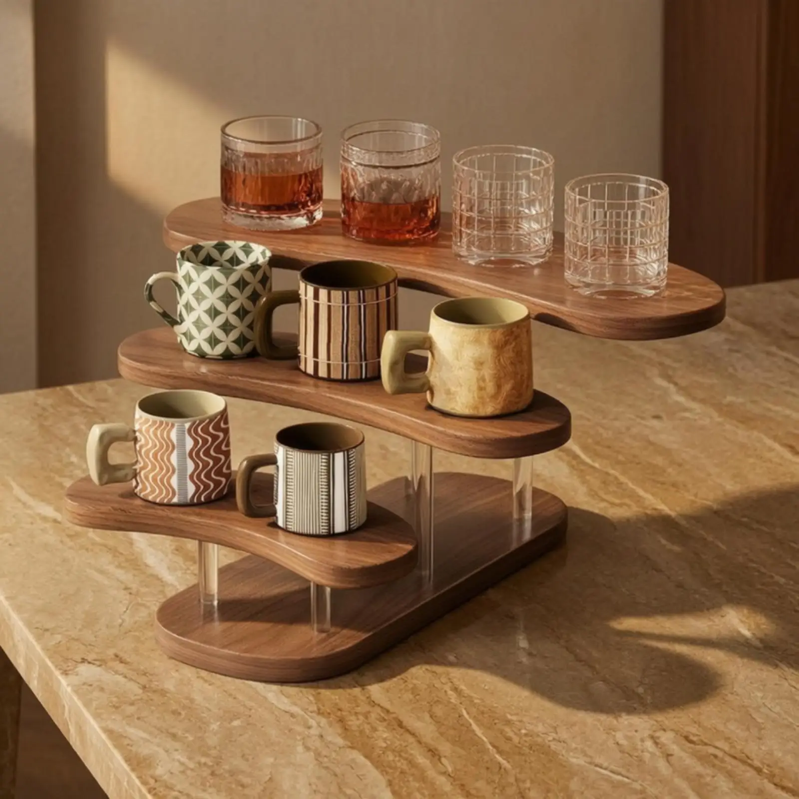 Walnut-Finish Desktop Display Rack Multi-Level Tiered Countertop Organizer with Wood-Grain Shelves Sturdy Fiberboard and Acrylic