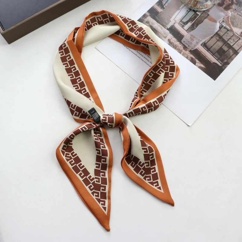 New Grid Print Women Small Silk Scarf Handle Bag Ribbons Female Head Scarves Sharp Angle For Women  100*9cm