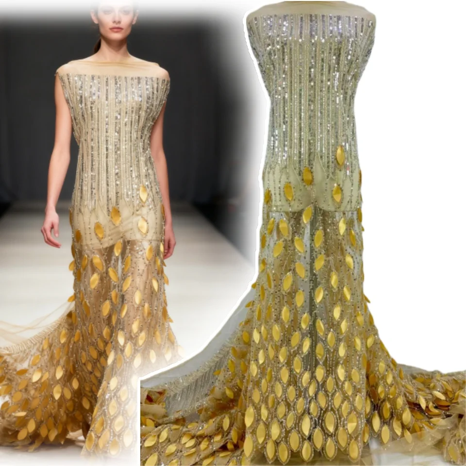 

African Fashionable Nigerian Lace Fabric 2026 African French-Style Sequined Beaded Lace Fabric Evening Gowns & Wedding 5Y 1878