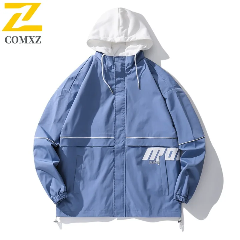 

COMXZ Men Jacket Classic Hooded Outdoor Camping Windproof Lightweight Coat Fake Two Piece Design Comfortable Autumn Coats