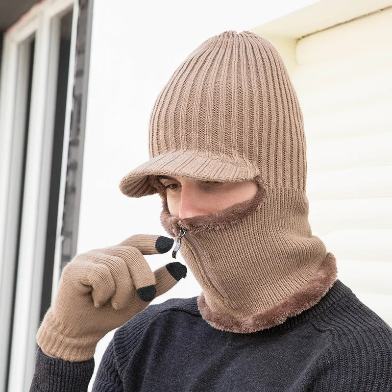2pcs set autumn and winter knitted hat and glove men's outdoor beanie fleece-lined wool integrated caps and neck warmer with zip