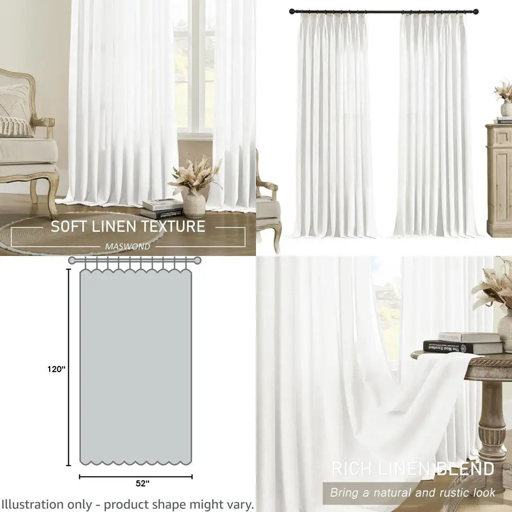 

White 52x120 Sheer Pinch Pleat Curtains for Living Room, Light Filtering, 2-Story Patio Door, High Ceiling, with Hooks