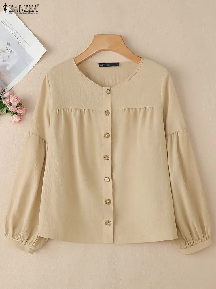 

ZANZEA Autumn Fashion Shirts Women Long Sleeve Tunic Tops Lantern Sleeve Solid Button Elegant Blouse Loose Vintage Blusas Street