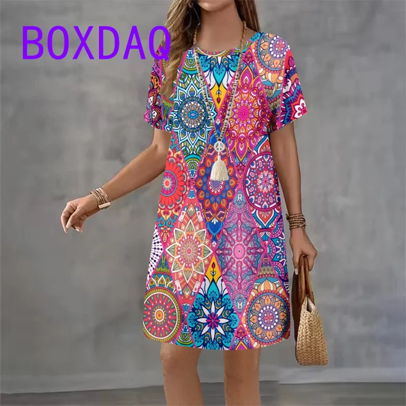 Colorful Tie dye Flowers Pattern Print Women Dresses Casual Summer Short Sleeve O-Neck Loose A-Line Dresses Street Boho Sundress