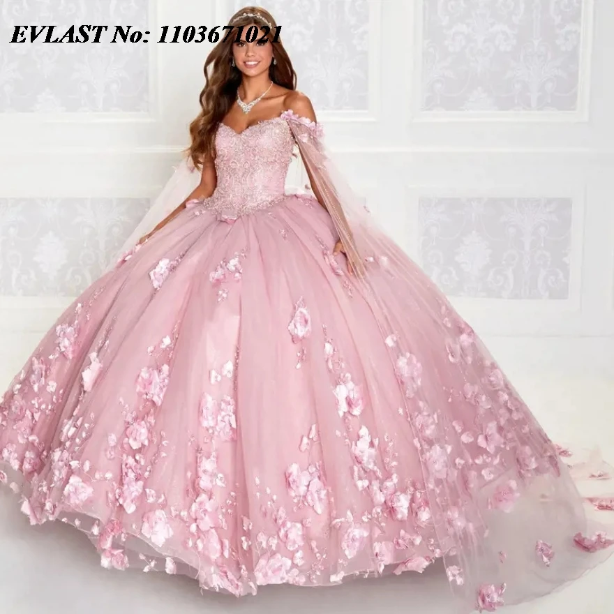 EVLAST Customized Light Pink Quinceanera Dress Ball Gown Floral Applique Beaded Cape Corset Sweet 16 Vestidos De 15 Anos SQ228