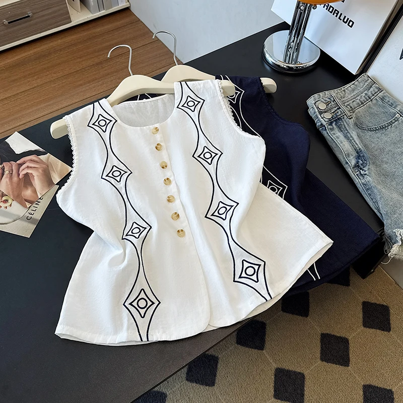 

Легкий летний хлопково-льняной жилет с вышивкой без рукавов, женский открытый кардиган в милом стиле, прямой крой, большие размеры