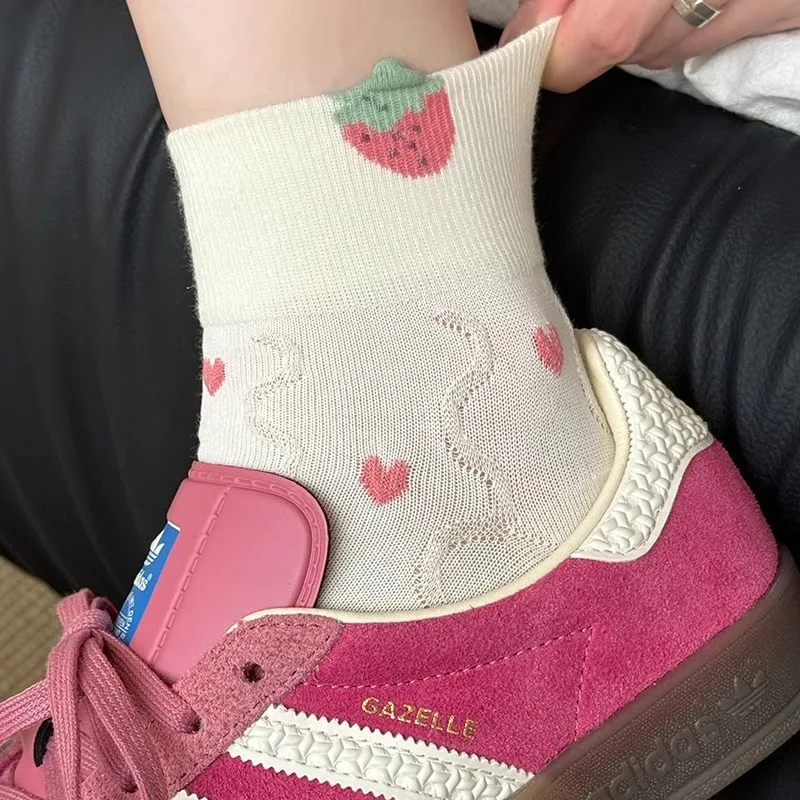 

5 пар милых хлопковых носков с вышивкой фруктов для женщин, мягкие дышащие летние носки, повседневные носки с милым принтом в горошек, для ежедневной носки